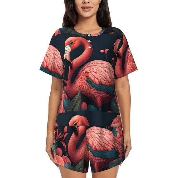 Daiia Colorful Floral Flamingo Pattern Womens Pajama Sets Short Sleeve Pajamas for Women Sets Soft Lounge Sets Casual Round Neck Sleepwear PJS-4X-Large