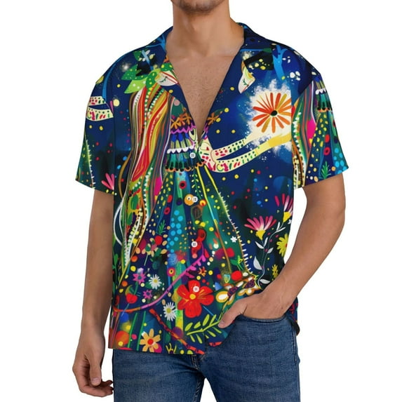 Daiia Colorful Floral Forest Fairy Men's Linen Shirts Short Sleeve Casual Shirts Button Down Shirt for Men Beach Summer Wedding Shirt-Medium