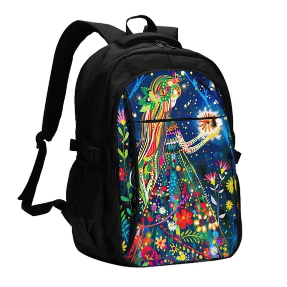 Daiia Colorful Floral Forest Fairy Pattern USB Charging Backpack for Men and Women, Anti-Theft Backpack,Travel Backpack,School Backpack,College Backpack,Laptop Backpack