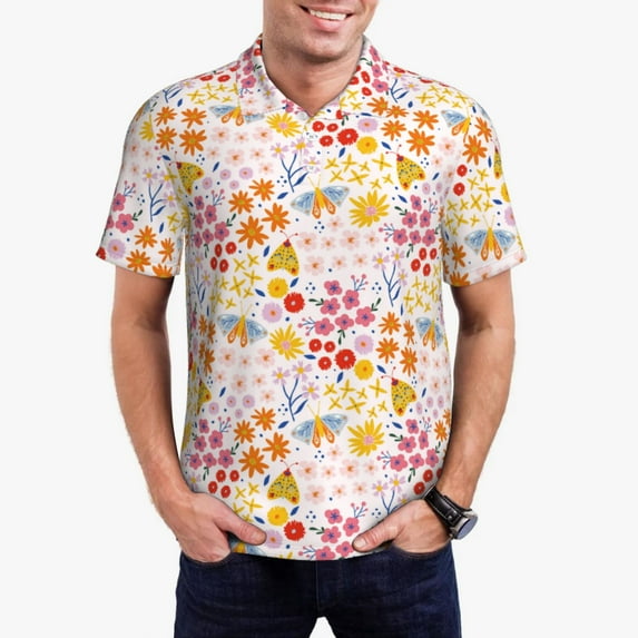 Daiia Colorful Floral Pattern Men’s Polo Shirts,Solid Deck Shirt,Classic Fit, Breathable Cotton Polo for Casual and Sport Wear-Small