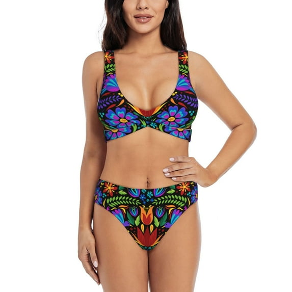 Daiia Colorful Floral Women's Bikini Set Two Piece Swimsuit High Waisted Bikini Adjustable Straps Bikini Perfect for Beach, Pool, and Summer Vacation-XX-Large
