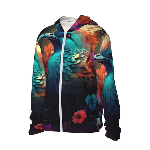 Daiia Colorful Flower Bird UPF 50+ Sun Protection Hoodie Jacket Lightweight Long Sleeve Sun Shirt for Women Men with Pocket Hiking Outdoor-Medium