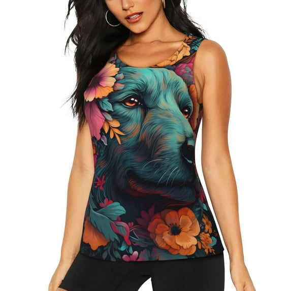 Daiia Colorful Flower Dog A Printed Womens Workout Tops for Women Quick-dry Tank Tops Mesh Yoga Shirts Athletic Running Tank Tops Sleeveless Gym Clothes-Medium