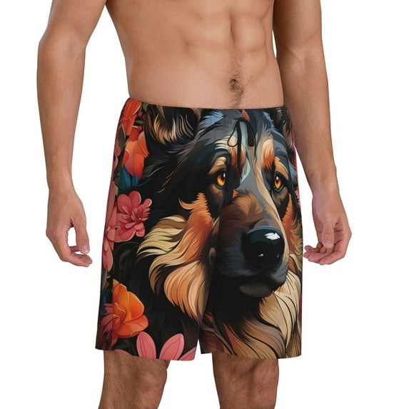 Daiia Colorful Flower German Shepherd Mens Woven Stretch Pajama Short,Short Pajama Pants-X-Large