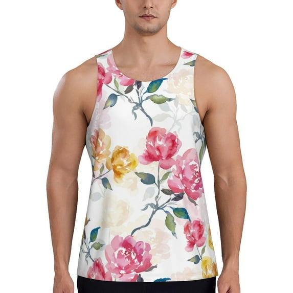 Daiia Colorful Flowers Printed Men's Quick Dry Fit Muscle Tank Top Slim-Fit Tank Workout Tank Top Lightweight Sports Tank Top-3X-Large