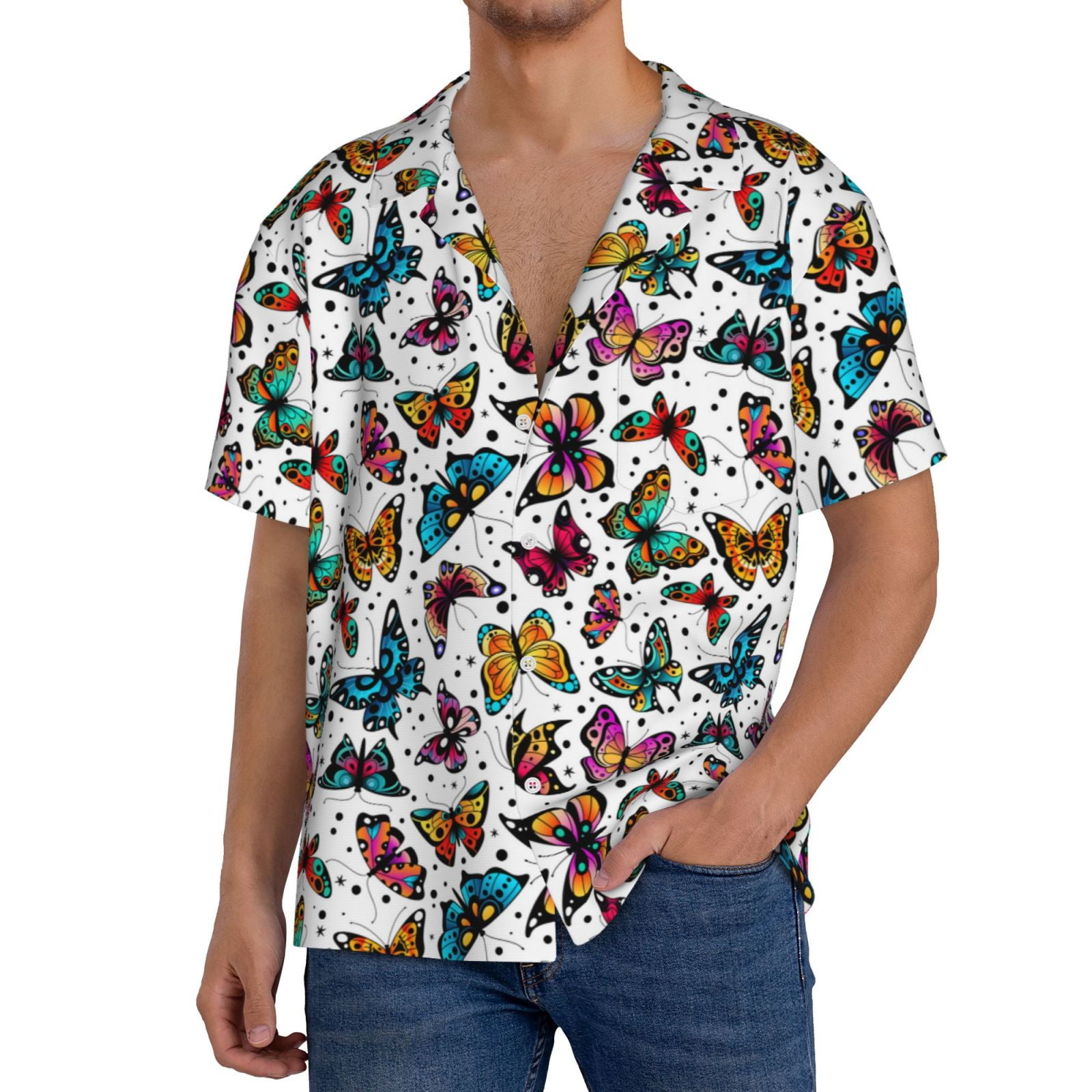 Men's Butterfly Print Striped Long Sleeve Casual Shirt
