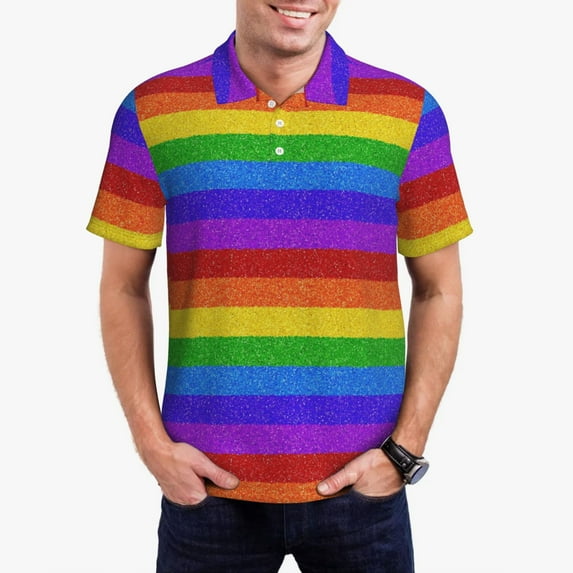 Daiia Colorful Glitter Rainbow Pattern Men’s Polo Shirts,Solid Deck Shirt,Classic Fit, Breathable Cotton Polo for Casual and Sport Wear-4X-Large
