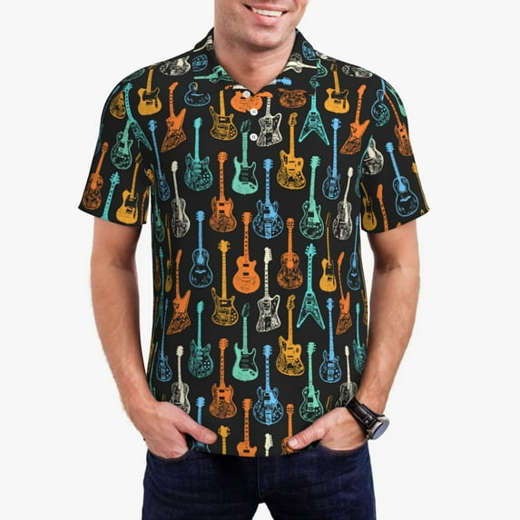 Daiia Colorful Guitar Pattern Men’s Polo Shirts,Solid Deck Shirt,Classic Fit, Breathable Cotton Polo for Casual and Sport Wear-3X-Large