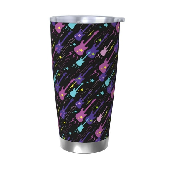 Daiia Colorful Guitar Printed 20oz Insulated Coffee Cup with Straw Topper, Fully Spill Proof Travel Coffee Mug, Stainless Steel Tumbler for Work Home Outdoor Car-Without Straw