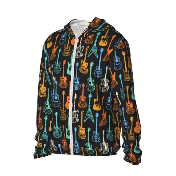 Daiia Colorful Guitar UPF 50+ Sun Protection Hoodie Jacket Lightweight Long Sleeve Sun Shirt for Women Men with Pocket Hiking Outdoor-X-Large