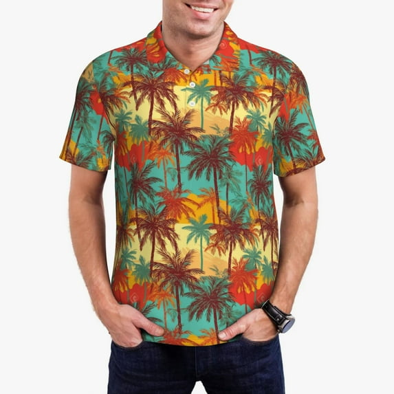 Daiia Colorful Hawaii Palms Pattern Men’s Polo Shirts,Solid Deck Shirt,Classic Fit, Breathable Cotton Polo for Casual and Sport Wear-Large
