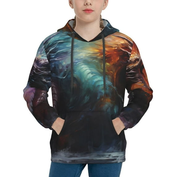 Daiia Colorful Ink Style Dragon for Boys Fashion Hoodies & Sweatshirts with Kangaroo Pocket,Hooded Sweatshirt for Kid, Breathable& Moisture Wicking-Large