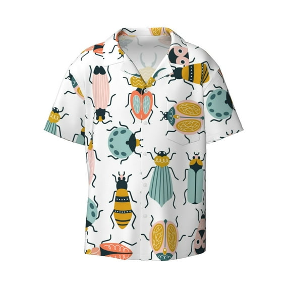 Daiia Colorful Insects Men's Linen Shirts Short Sleeve Casual Shirts Button Down Shirt for Men Beach Summer Wedding Shirt-Small