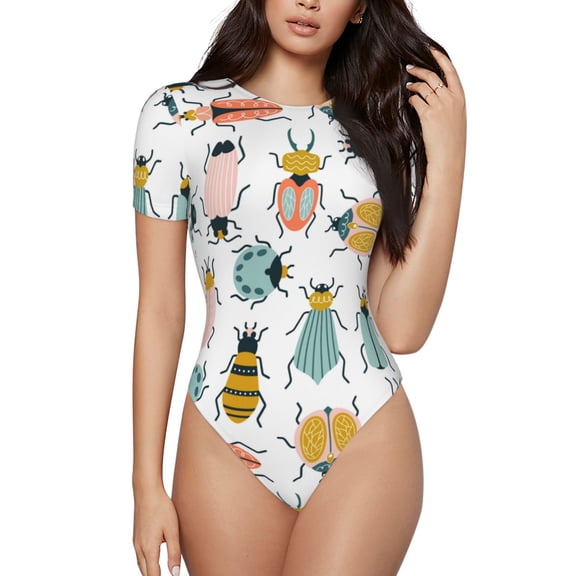 Daiia Colorful Insects Women'S Crew Neck Short Sleeve Slim Fit T Shirts Tops Basic Bodysuit Leotard Clothing-Small