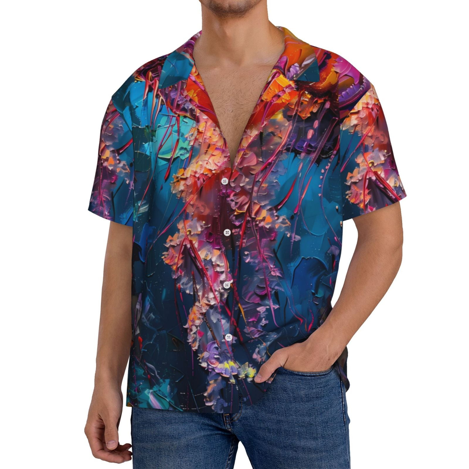 Daiia Colorful Jellyfish Abstract Men's Linen Shirts Short Sleeve ...