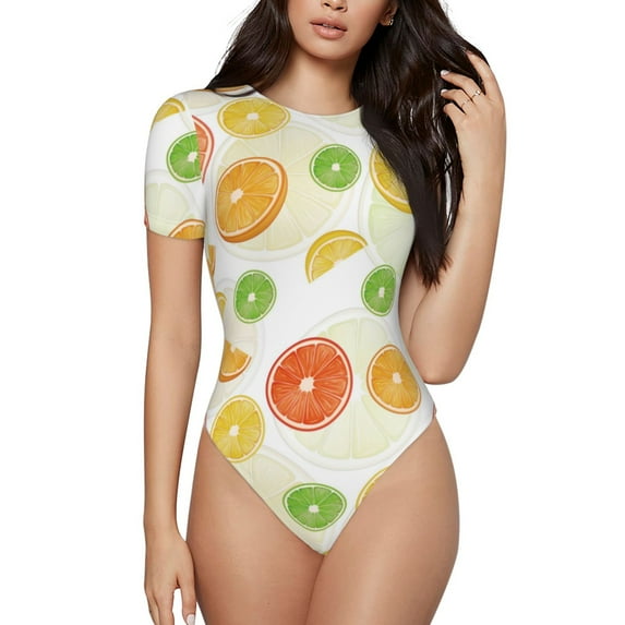 Daiia Colorful Lemons print Women's Crew Neck Short Sleeve Bodysuit Fashion Tops Fit Casual Basic Extender Bodysuit-Large