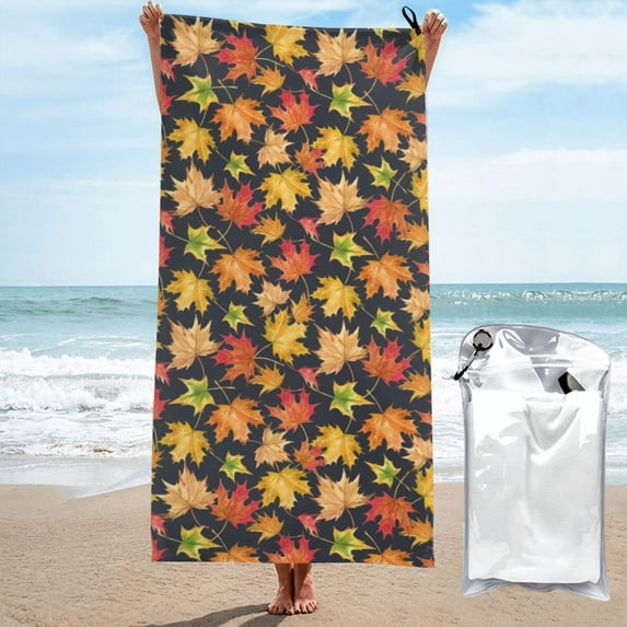 Daiia Colorful Maple Leaves Pattern Quick Dry Towel, Super Absorbent Travel Towel with Hanging Loop & Carabiner, Lightweight Compact Fast-Drying Microfiber Towel-31.5"x63"