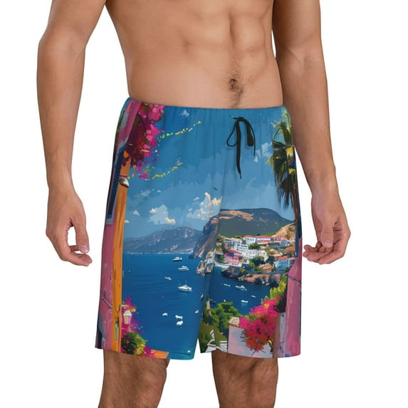 Daiia Colorful Mediterranean Village Mens Woven Stretch Pajama Short,Short Pajama Pants-Small