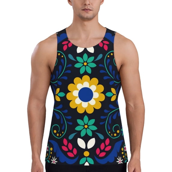 Daiia Colorful Mexican Flower Printed Men's Quick Dry Fit Muscle Tank Top Slim-Fit Tank Workout Tank Top Lightweight Sports Tank Top-4X-Large