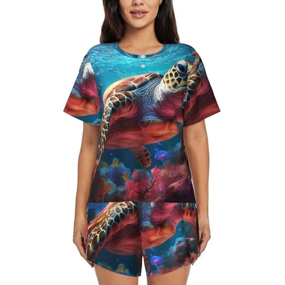 Daiia Colorful Ocean Sea Turtle Pattern Womens Pajama Sets Short Sleeve Pajamas for Women Sets Soft Lounge Sets Casual Round Neck Sleepwear PJS-3X-Large