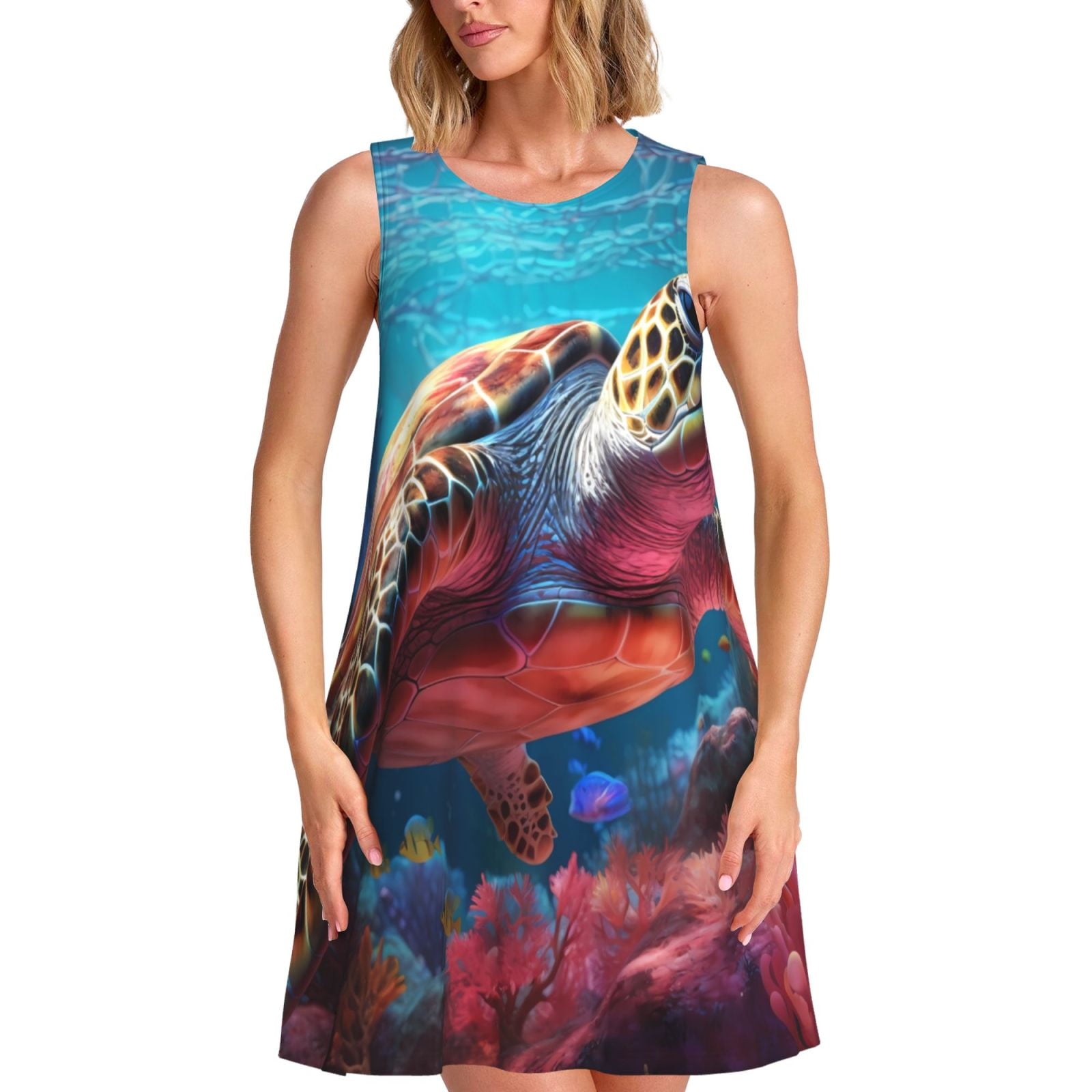 Daiia Colorful Ocean Sea Turtle Print Women's Dresses 2025 Trendy Short ...