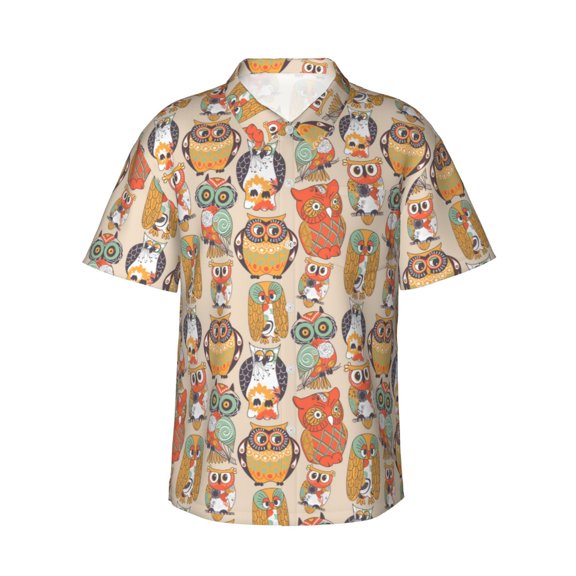 Daiia Colorful Owls Hawaiian Shirt for Men Gentle Cotton Regular Short Sleeve Casual-Large