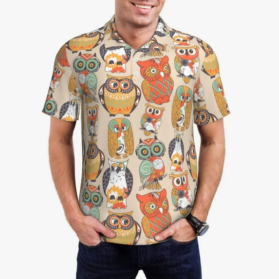Daiia Colorful Owls Pattern Men’s Polo Shirts,Solid Deck Shirt,Classic Fit, Breathable Cotton Polo for Casual and Sport Wear-Medium