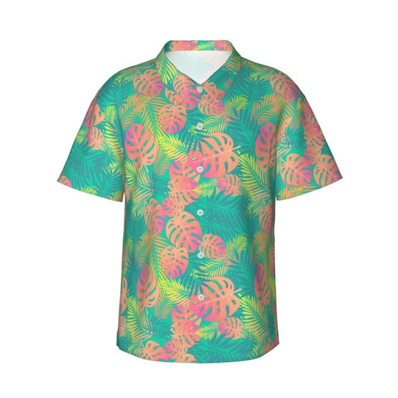 Daiia Colorful Palm Leaves Hawaiian Shirt for Men Gentle Cotton Regular Short Sleeve Casual-Medium