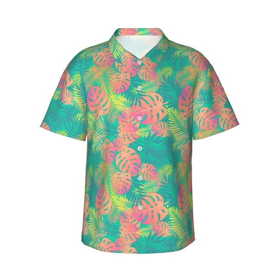 Daiia Colorful Palm Leaves Hawaiian Shirt for Men Gentle Cotton Regular Short Sleeve Casual-XX-Large