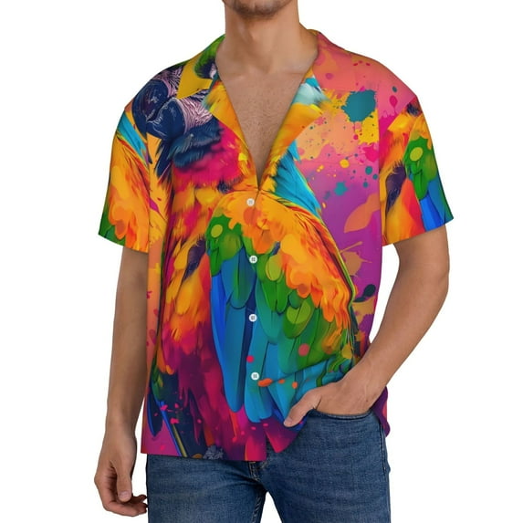 Daiia Colorful Parrot Jungle Dream A Men's Linen Shirts Short Sleeve Casual Shirts Button Down Shirt for Men Beach Summer Wedding Shirt-Large