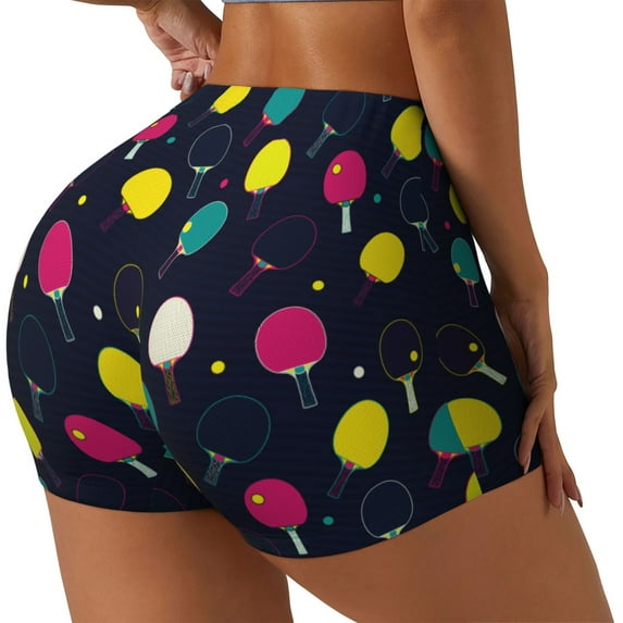 Daiia Colorful Ping Pong Rackets Pattern Women's Workout Shorts Biker Shorts - High Waisted Workout Spandex Tummy Control Gym Running Yoga Shorts-Large