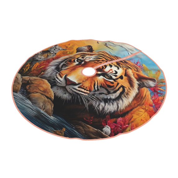 Daiia Colorful Plant Tiger Drawing Merry Christmas Tree Skirt , Xmas Large Lace-up Tree Skirt, Santa Snowflakes Rustic Home Decorations New Year Party Farmhouse Decor-30"