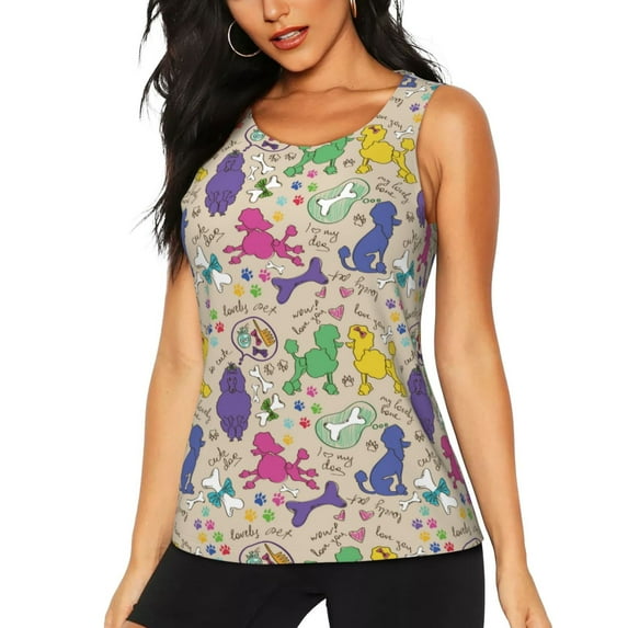 Daiia Colorful Poodle Dog Printed Womens Workout Tops for Women Quick-dry Tank Tops Mesh Yoga Shirts Athletic Running Tank Tops Sleeveless Gym Clothes-X-Large
