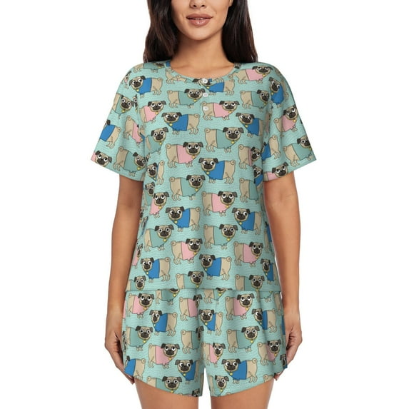 Daiia Colorful Pugs Pattern Womens Pajama Sets Short Sleeve Pajamas for Women Sets Soft Lounge Sets Casual Round Neck Sleepwear PJS-XX-Large