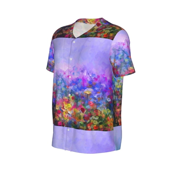 Daiia Colorful Purple Cosmos Flower Mens Baseball Jersey Button Down Shirts Short Sleeve Sports Uniforms-X-Large