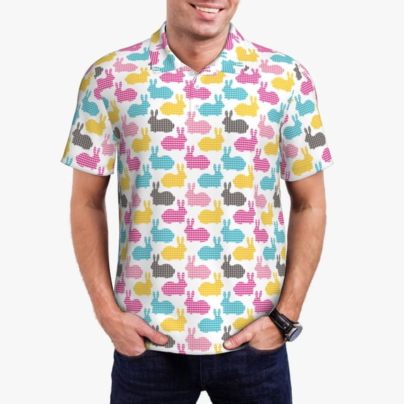 Daiia Colorful Rabbit Pattern Men’s Polo Shirts,Solid Deck Shirt,Classic Fit, Breathable Cotton Polo for Casual and Sport Wear-4X-Large