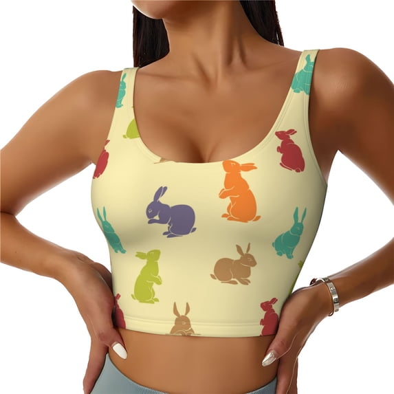 Daiia Colorful Rabbit Printed Women's Sports Bra, Breathable Activewear Bra with U-Back Design and Removable Pads, Comfortable and Supportive for Yoga, Workout-X-Large