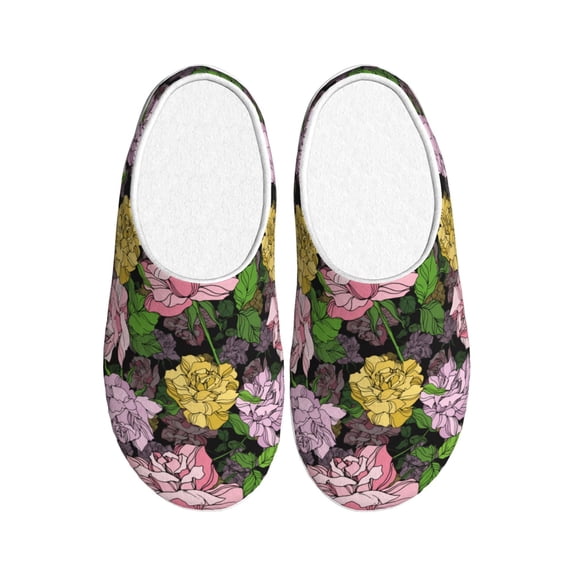 Daiia Colorful Roses Print Women’s Fuzzy Slippers Memory Foam Lightweight House Shoes Cozy Loafer Flannel House Shoes-35/36