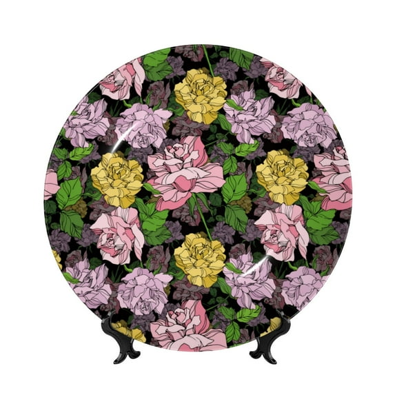 Daiia Colorful Roses Printed Pattern Ceramic Plate Dinner Plates Bone China Decorative Plates with Display Stand Art Ceramic Ornaments for Wall Hanging Decoration-6in