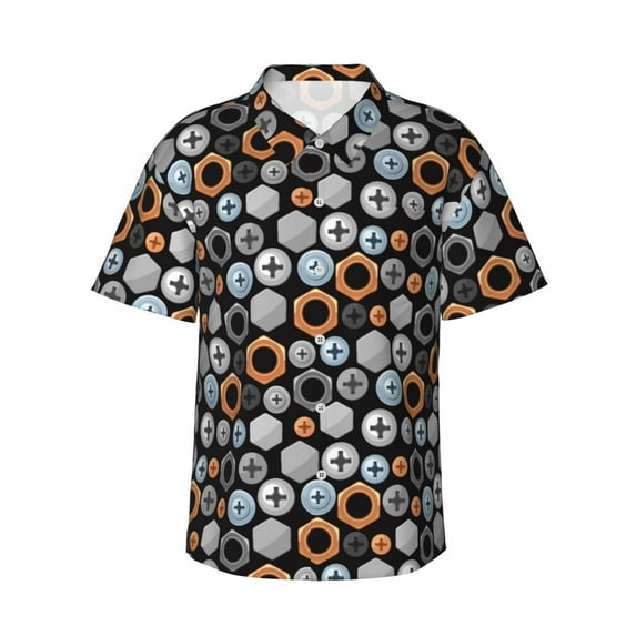 Daiia Colorful Screws Hawaiian Shirt for Men Gentle Cotton Regular Short Sleeve Casual-Large