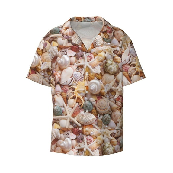 Daiia Colorful Seashells Men's Linen Shirts Short Sleeve Casual Shirts Button Down Shirt for Men Beach Summer Wedding Shirt-Small