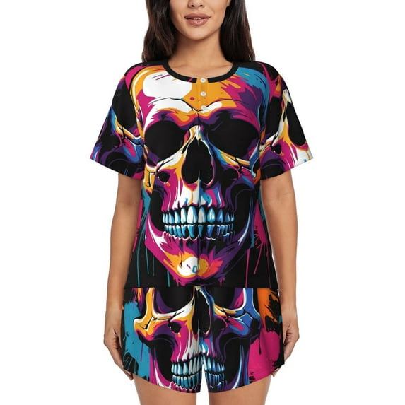 Daiia Colorful Skull Pattern Womens Pajama Sets Short Sleeve Pajamas for Women Sets Soft Lounge Sets Casual Round Neck Sleepwear PJS-Large