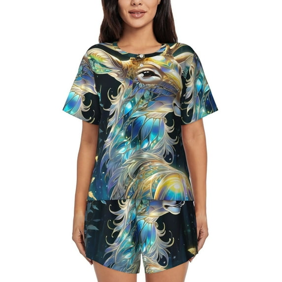 Daiia Colorful Stained Glass Deer Pattern Womens Pajama Sets Short Sleeve Pajamas for Women Sets Soft Lounge Sets Casual Round Neck Sleepwear PJS-Medium