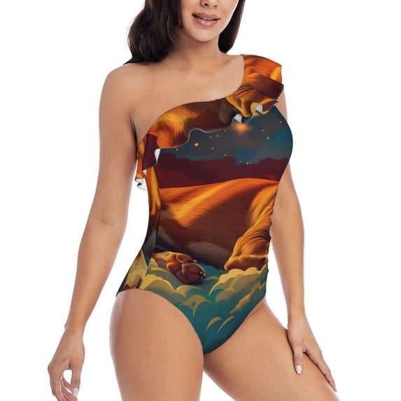 Daiia Colorful Starry Sky Sleep Dog Women's One Piece Swimsuits Personalized One Shoulder Swimwear Asymmetric Ruffle Bathing Suits-Small