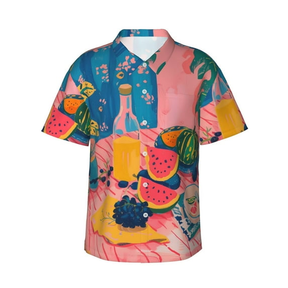 Daiia Colorful Summer Fruit Table Hawaiian Shirt for Men Gentle Cotton Regular Short Sleeve Casual-Medium