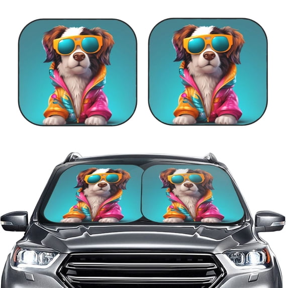 Daiia Colorful Sunglasses Dog 2PCS Car Windshield Sun Shade, Foldable Sun Shield for Car Front Window, Auto Sun Blocker Visor Protector Universal for Truck SUV Pickup-Small