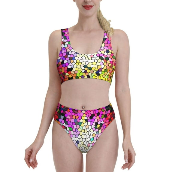 Daiia Colorful Tie Dye Stained Glass 3 printed 2 piece Swimsuit Bikinis for Women High Waisted Racerback Bathing Suits Summer Tummy Control Scoop Neck Swimwear-X-Large