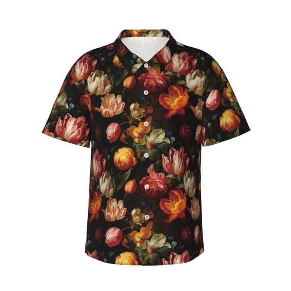 Daiia Colorful Tulips Hawaiian Shirt for Men Gentle Cotton Regular Short Sleeve Casual-X-Large