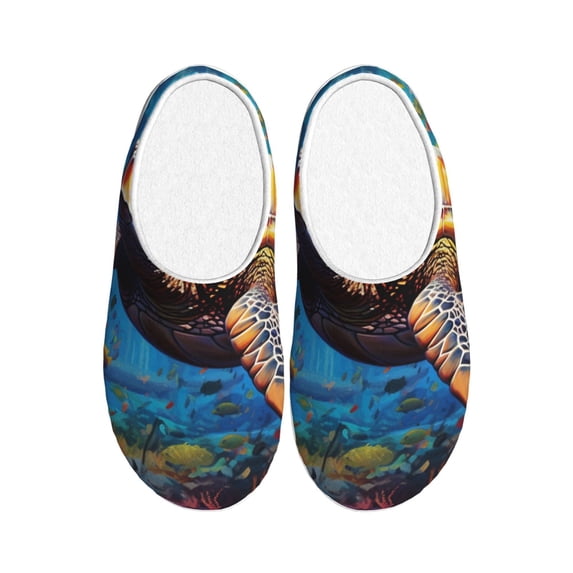 Daiia Colorful Underwater Sea Turtle Print Women’s Fuzzy Slippers Memory Foam Lightweight House Shoes Cozy Loafer Flannel House Shoes-39/40