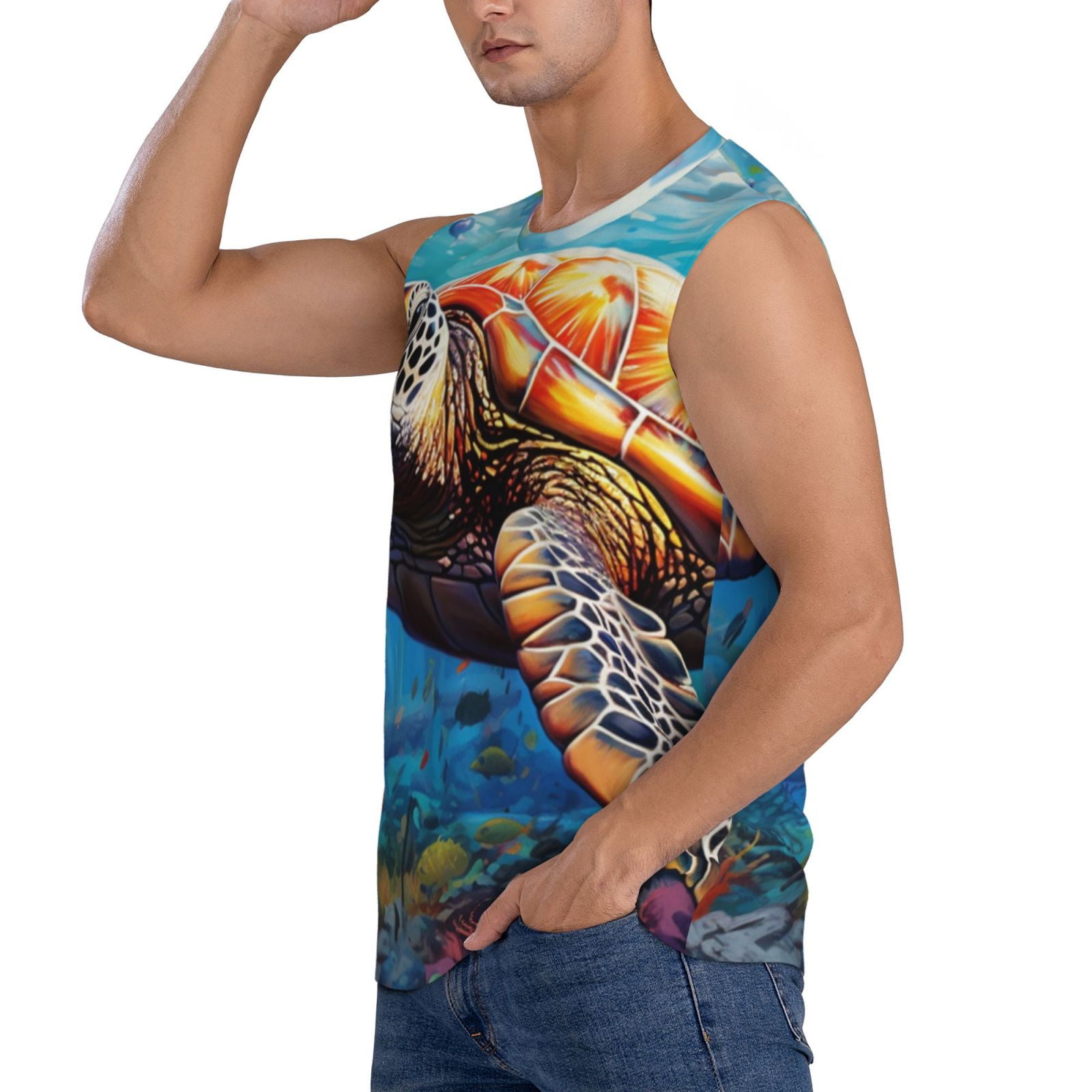 Daiia Colorful Underwater Sea Turtle Printed Men's Tank Tops,Casual